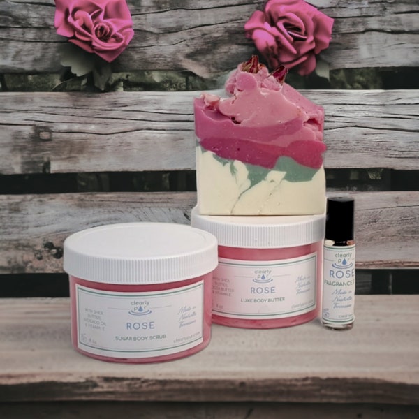 Perfect Women's 4 Piece Spa Set English Rose Luxury Body Butter Shea Body Scrub Natural Non Greasy Moisturizer Perfume Oil Gift Soap Wife