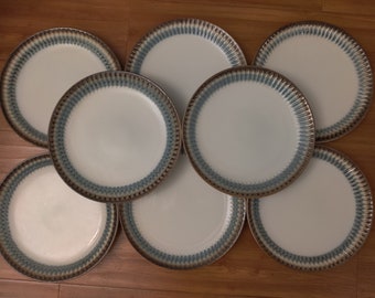 8x set 11" Laurie Gates Glazed Stoneware Dinner Plates Blue & Tan/Grey