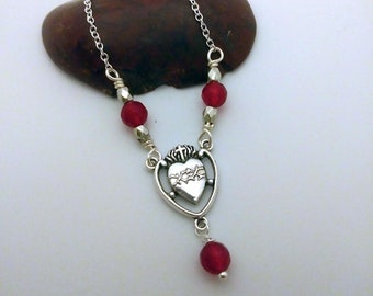 Beautiful Sacred Heart and Immaculate Heart medal, red Agate, Jesus, Saints, Catholic, For her