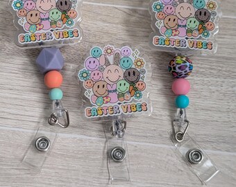 Easter Vibes Badge Reel, Easter Bunny Badge Reel, Smiley Face, Easter Egg, Nurse Gift, Badge Clip, ID Holder, Teacher Gift, Retro Style