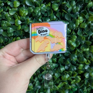 Dino Nuggets Resin Badge Reel, Funny Badge Reel, 90&#39;s Theme Badge, Nurse ID Holder, Nursing Gift, Teacher Gift, Chicken Nugget ID Tag