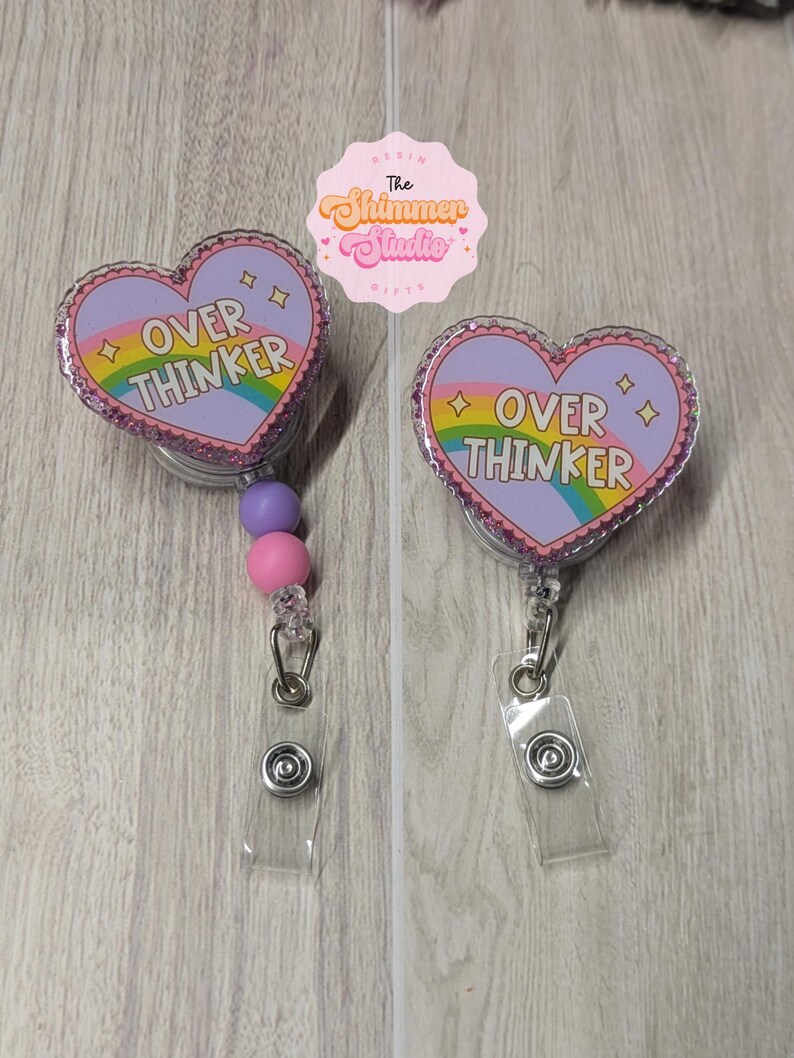 Overthinker Resin Badge Reel, Glitter Heart, Funny Nurse/ Teacher ...