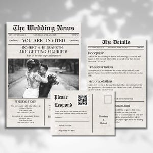 Puede incluir: Conjunto de invitaciones de boda con temática de periódico. La invitación principal presenta una foto de la pareja, con detalles como la fecha, la hora y el lugar. Incluye una tarjeta de respuesta y una tarjeta de detalles.