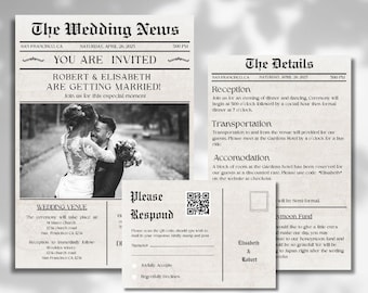 Wedding Newspaper Invitation Template, Editable Unique Wedding Invitation, Newspaper Template, Wedding Details Card, QR Code Invite Download