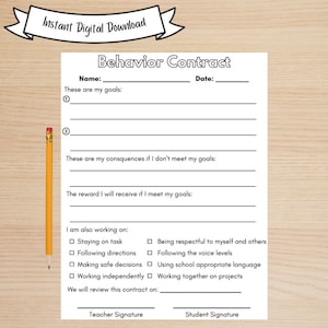 May include: Black and white printable behaviour contract form with sections for student name, date, goals, consequences, rewards, and areas for teacher and student signatures.