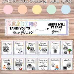 May include: A pastel rainbow poster with the text "PASTEL RAINBOW Where Will Reading Take You?" and colourful circles. Below are book-themed cards with titles like "Hogwarts" and "Magic Tree House".