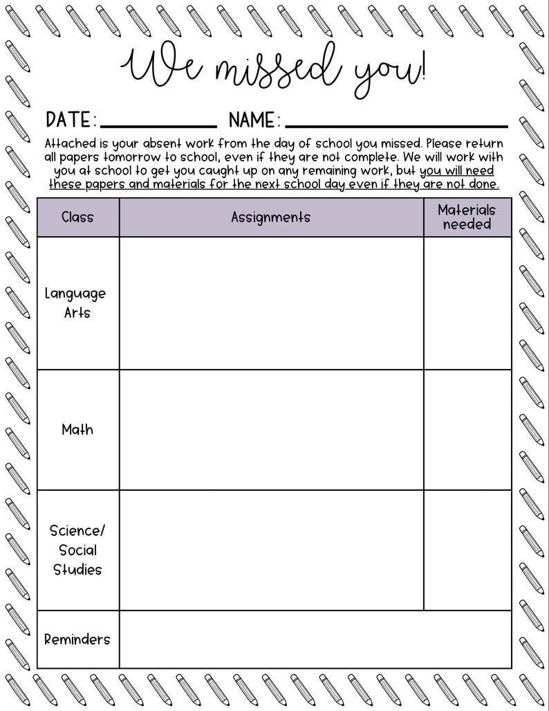 Missed Work Organizer: Editable Teacher Handout, Absent Student ...