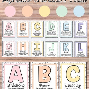 May include: A pastel rainbow alphabet character traits poster. Each letter of the alphabet is represented with a corresponding character trait. The poster features a wooden background and colorful letters.