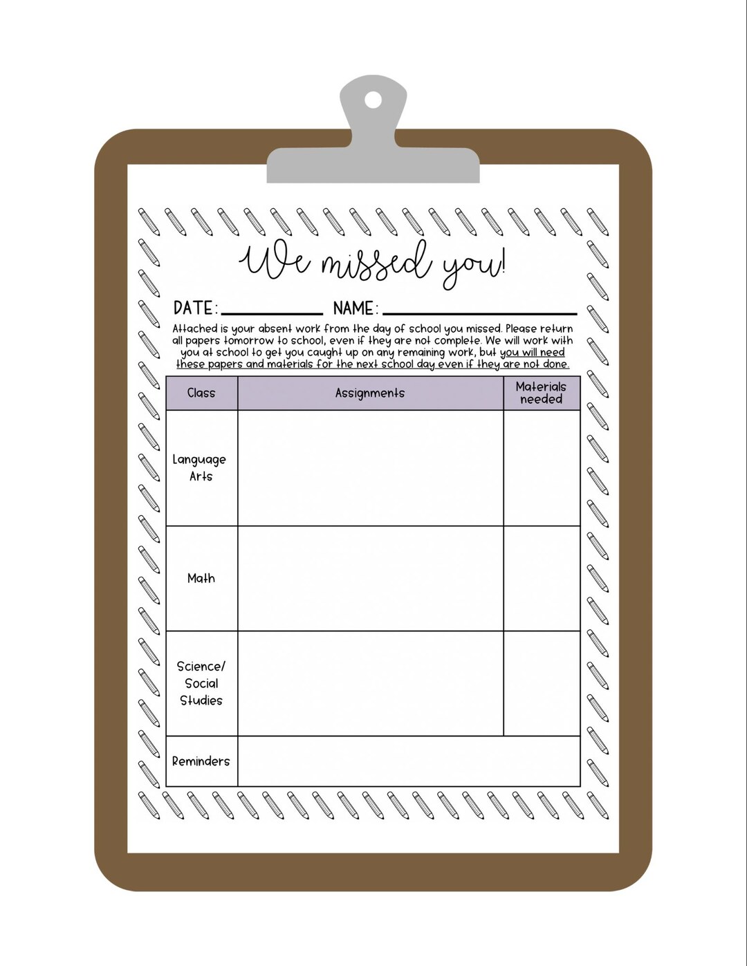 Missed Work Organizer: Editable Teacher Handout, Absent Student ...