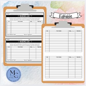 May include: Two reading log templates on a clipboard, with the word "Editable" in a banner. The logs have sections for date, book title, pages, and minutes read. The design includes a logo with the text "M Designs Mary Catherine".