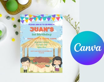 Editable Filipino Fiesta Theme Birthday Invitation | Canva | Filipino Birthday | Piesta | Pinoy | Lechon | Salo Salo | Kaarawan Invitation