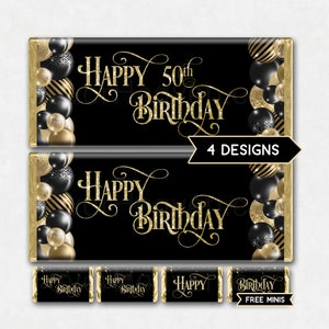 May include: Printable chocolate bar wrappers with a black and gold design featuring balloons and the text "Happy 50th Birthday".  The wrappers also include smaller mini wrappers with the text "Happy Birthday".