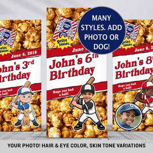 May include: Customizable baseball-themed birthday popcorn boxes. Each box features a cartoon illustration of a child with a baseball bat, the birthday person's name, age, and the date. The boxes are filled with popcorn.
