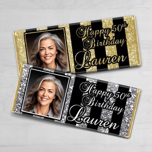 24 Pack Personalized 50th Birthday Favors | 50th Birthday Party Candy Wrappers | 40th Birthday | 50 & Fabulous | Black and Gold Party Silver