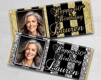 24 Pack Personalized 50th Birthday Favors | 50th Birthday Party Candy Wrappers | 40th Birthday | 50 & Fabulous | Black and Gold Party Silver
