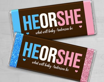 GENDER REVEAL | Printed Chocolate Candy Bar Wrapper | It's a Boy | It's a Girl | Label | Photo Quality | Hereheis | Here She Is | Baby