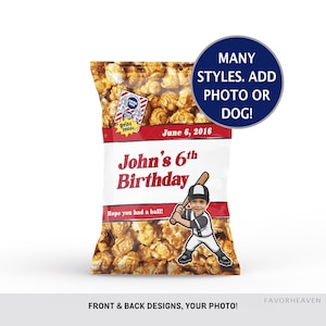 May include: A custom snack bag filled with caramel popcorn featuring a baseball theme. The bag displays the text John's 6th Birthday, June 6, 2016, and Hope you had a ball! along with a cartoon illustration of a child holding a baseball bat.