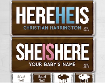 BIRTH ANNOUNCEMENT | Custom Baby Announcement | Custom Candy Bar Birth Announcement Wrappers | Hereheis | Digital | FREE Minis | Here She Is