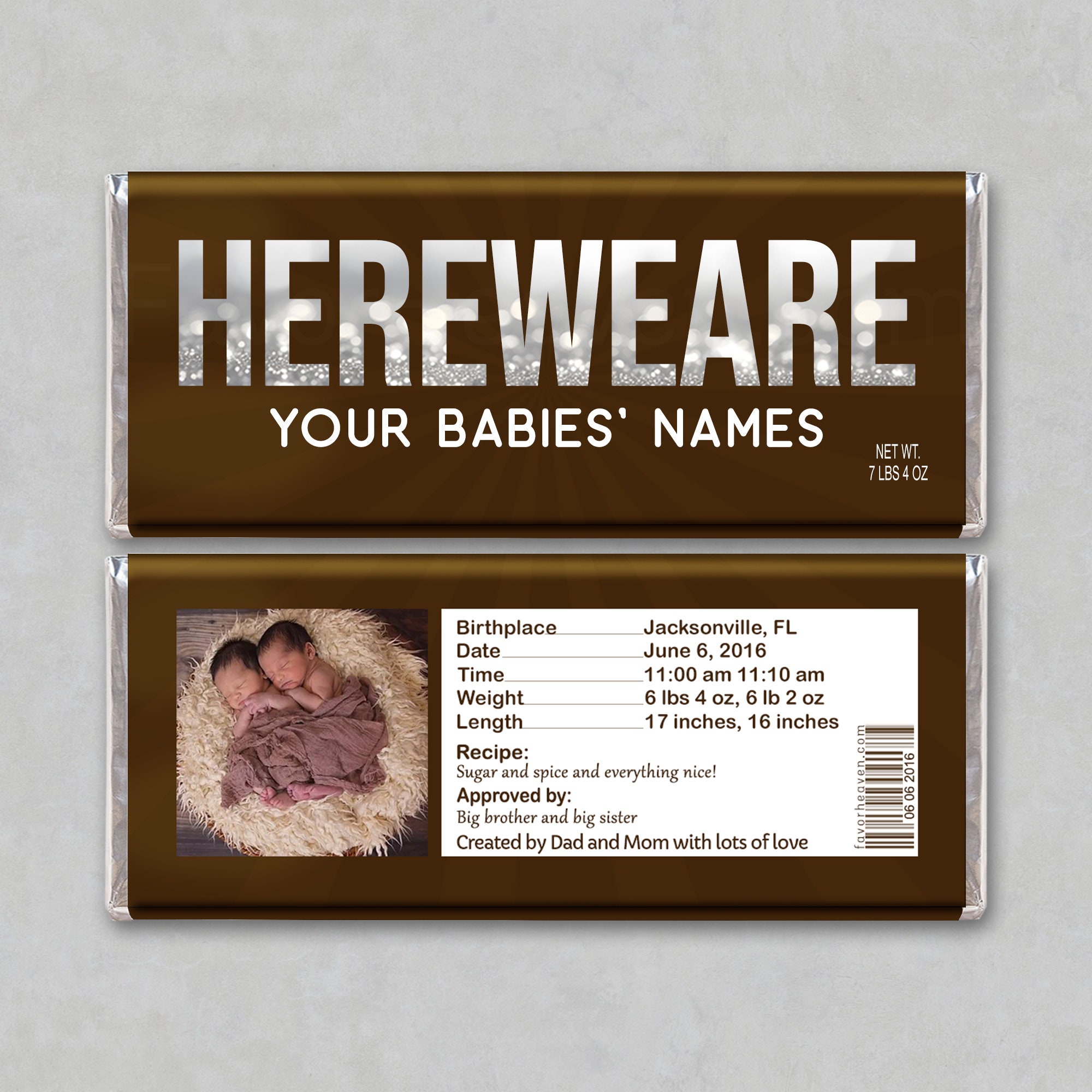 BABY BIRTH ANNOUNCEMENT Personalized Custom Printed Chocolate Candy Bar Wrappers Labels Photo Quality Paper HereWeAre Photo Twins Prints