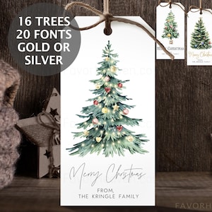 36 PRINTED + SHIPPED Custom Merry Christmas Gift Tags, Modern Minimalist, Simple Watercolor Tree Holiday Tags, Elegant Swirl Fonts, Photos