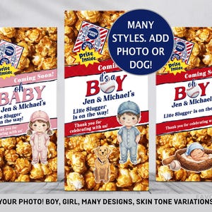 May include: Popcorn boxes with baseball-themed baby shower designs. The boxes feature text that reads "Coming Soon! oh BABY" and "it's a BOY." Each box includes a different illustration of a baby or child.