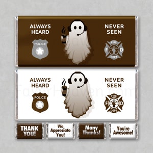 Könnte beinhalten: Zwei braune und weiße Schokoladenriegelverpackungen mit einem Geist, der eine Tasse Kaffee hält. Die Verpackungen tragen den Text "Always Heard" und "Never Seen" mit Polizei- und Feuerwehrlogos. Die untere Reihe enthält vier kleinere Verpackungen mit dem Text "Thank You!" "We Appreciate You!" "Many Thanks!" und "You're Awesome!"
