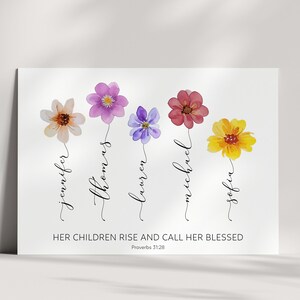 Aangepaste Moederdagkaart | Gepersonaliseerde Moederdagkaart | Kindernamen | Bloemen | Gepersonaliseerd cadeau voor moeder | Spreuken 31 | christelijk