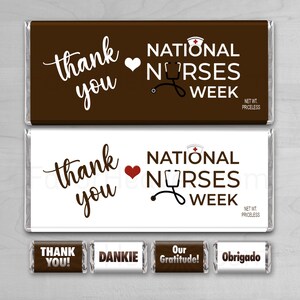 VERPLEEGKUNDIGE BEDANKT Digitale download afdrukbare waardering reep chocoladereep wrappers gunst unieke cadeaubon National Nurses Week gratis mini's