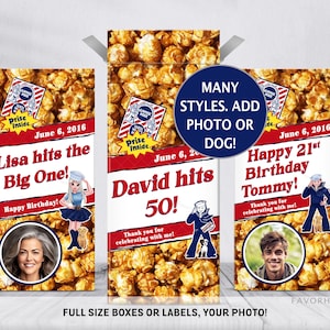May include: Three rectangular popcorn boxes featuring a caramel corn pattern, red banners with dates, and personalized text. The designs include cartoon sailor figures, circular photo frames, and a blue circle with the text MANY STYLES. ADD PHOTO OR DOG!