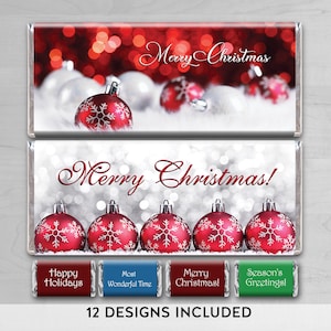 May include: Twelve designs for Christmas chocolate bar wrappers. The wrappers feature red and white ornaments with snowflakes and the text "Merry Christmas".