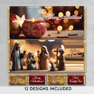 12 Digital Download Printable Christmas Nativity Ornaments Christian Jesus Christ Birth Gold Elegant Luxury Chocolate Candy Bar Wrappers