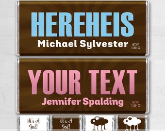 May include: Two brown chocolate bar wrappers with a sunburst design. The top wrapper has the text "HEREHEIS Michael Sylvester" in blue and white. The bottom wrapper has the text "YOUR TEXT Jennifer Spalding" in pink and white. There are also four smaller wrappers with a white background and a pink and white cloud with raindrops and the word "GIRL" in pink. The text "FREE MINIATURE WRAPPERS" is at the bottom of the image.