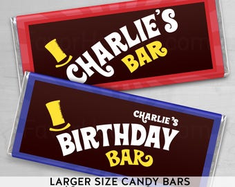 May include: Two candy bars with wrappers. One has a red border and says "Charlie's Bar" in white and yellow. The other has a blue border and says "Charlie's Birthday Bar". Both have a yellow top hat graphic.