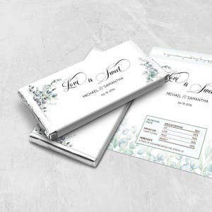 CUSTOM PERSONALIZED PRINTED Candy Bar Wrapper Wedding Favors | Printed Candy Bar Labels Sticker | Photo Picture | Greenery Flowers on White
