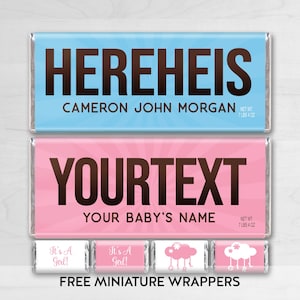 ANUNCIO DE BEBÉ / Envoltorios de caramelos personalizados para anuncio de nacimiento / Personalizado / Hereheis / Digital / Minis GRATIS / Aquí está / Niño o niña