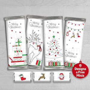 6 Digital Download Printable Christmas Doodles Chocolate Candy Bar Wrappers | Free Miniatures | Holiday Party | Stocking Stuffers | Merry