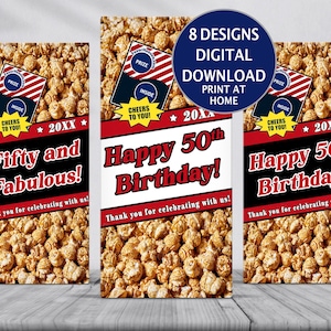 Puede incluir: Tres cajas de palomitas con diseños de cumpleaños. Las cajas presentan textos como "Fifty and Fabulous!" y "Happy 50th Birthday!" con un gráfico "Cheers to You!". Un círculo azul indica "8 Designs Digital Download Print at Home."