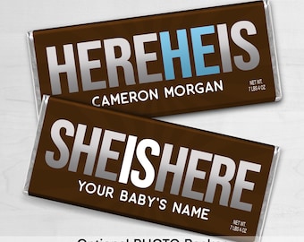 PRINTED CUSTOM Birth Announcement | Custom Candy Bar Announcement Wrapper | Hereheis | Boy or Girl | Photo Glossy Prints | Here She Is |Baby