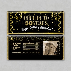24 pack Personalized 50th birthday favors, 50th birthday party candy wrappers, 40th birthday favors, 50 and Fabulous, Black and Gold Party