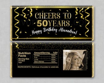 24 pack Personalized 50th birthday favors, 50th birthday party candy wrappers, 40th birthday favors, 50 and Fabulous, Black and Gold Party