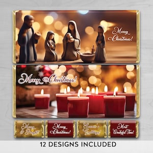 12 Digital Download Printable Christmas Nativity Ornaments Christian Jesus Christ Birth Gold Elegant Luxury Chocolate Candy Bar Wrappers