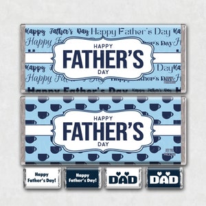 May include: Two blue and white chocolate bar wrappers with the text "Happy Father's Day" and a blue and white patterned wrapper with the text "Happy Father's Day". There are also four smaller chocolate bar wrappers with the text "Happy Father's Day!" and "DAD".