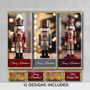 May include: Twelve printable designs featuring a Nutcracker soldier in red and green uniforms with gold accents. The designs include the text "Merry Christmas!" and "Season's Greetings!"