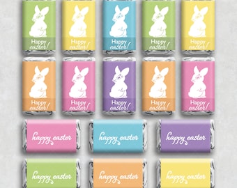 Download instantâneo de embalagens para miniaturas de barras de chocolate com o tema "FELIZ PÁSCOA", coelhinho da Páscoa e Domingo da Ressurreição, perfeitas para lembrancinhas de festa.