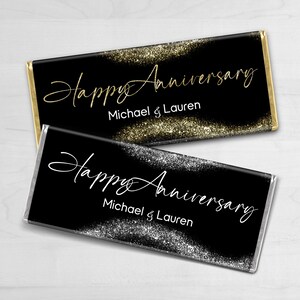 ANNIVERSARY Personalized Custom Printed Chocolate Candy Bar Wrappers | Labels | Photo Quality | Prints | Black & Gold | Black and Silver