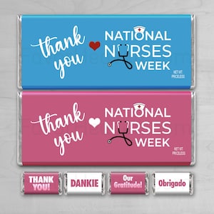 VERPLEEGKUNDIGE BEDANKT Digitale download afdrukbare waardering reep chocoladereep wrappers gunst unieke cadeaubon National Nurses Week gratis mini's
