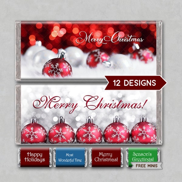 12 digitaler Download druckbare Weihnachtskugeln rot grün blau Schokoriegelverpackungen mit kostenlosen Miniaturen