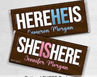 BIRTH ANNOUNCEMENT | Printed Chocolate Candy Bar Wrapper | It&#39;s a Boy | It&#39;s a Girl | Label | Photo Quality | Hereheis | Here She Is | Baby