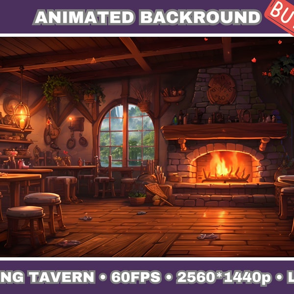 Vtuber Animated Background for Streaming | Spring cozy Lofi Anime Tavern Scene | Warm Twitch Fantasy Stream Overlay | Room Backdrop Decor