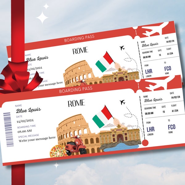 Carte d'embarquement personnalisable Canva, billet d'avion modifiable, cadeau de voyage surprise, carte d'embarquement Rome, cadeau billet d'avion.